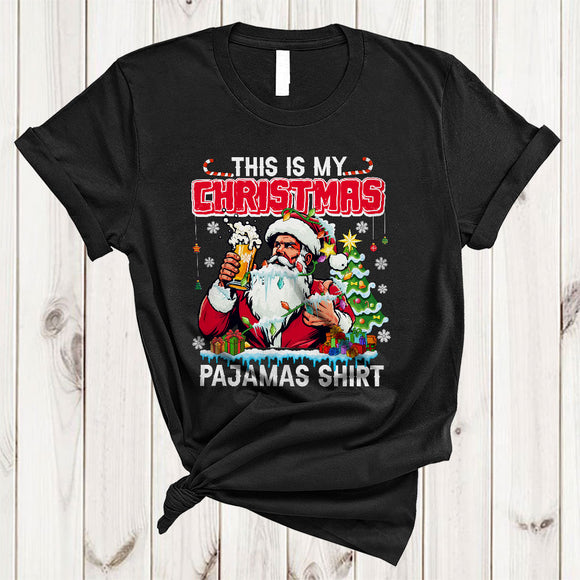 MacnyStore - This Is My Christmas Pajamas Shirt, Awesome Funny Santa Drinking Beer, X-mas Lights Tree T-Shirt