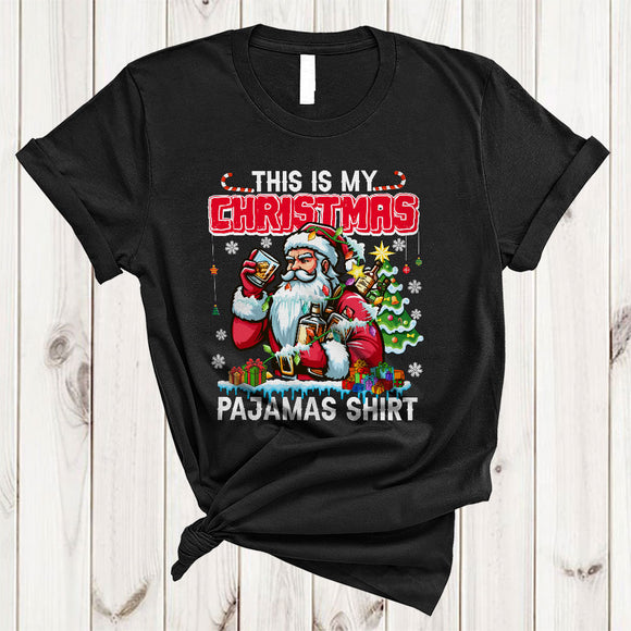 MacnyStore - This Is My Christmas Pajamas Shirt, Awesome Funny Santa Drinking Bourbon, X-mas Lights Tree T-Shirt