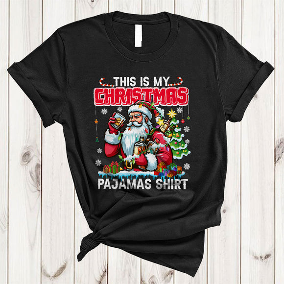 MacnyStore - This Is My Christmas Pajamas Shirt, Awesome Funny Santa Drinking Bourbon, X-mas Lights Tree T-Shirt