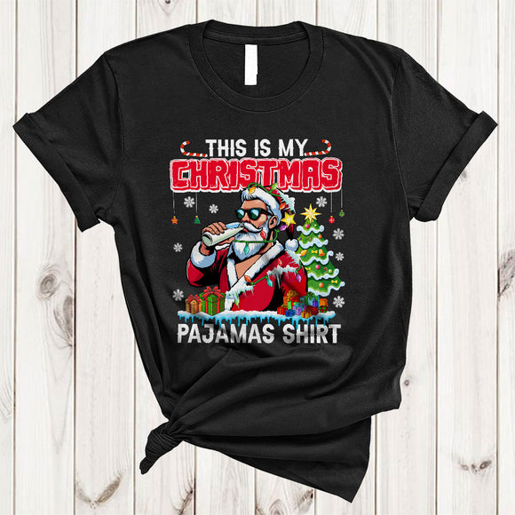 MacnyStore - This Is My Christmas Pajamas Shirt, Awesome Funny Santa Drinking Milk, X-mas Lights Tree T-Shirt