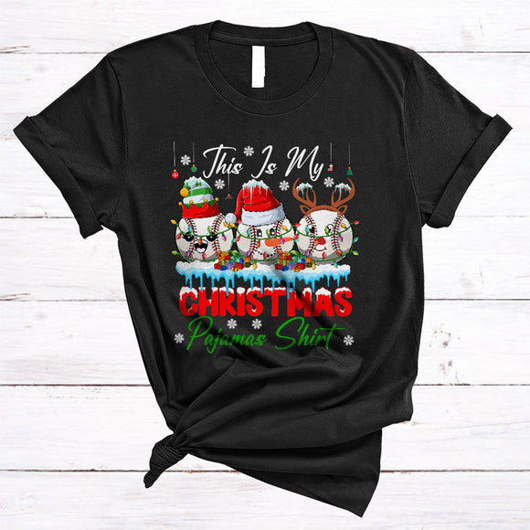 MacnyStore - This Is My Christmas Pajamas Shirt, Lovely X-mas Lights Three Santa Baseball Player, X-mas Sport Team T-Shirt