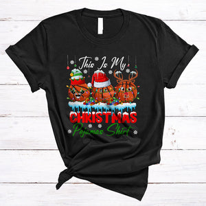 MacnyStore - This Is My Christmas Pajamas Shirt, Lovely X-mas Lights Three Santa Basketball Player, X-mas Sport Team T-Shirt