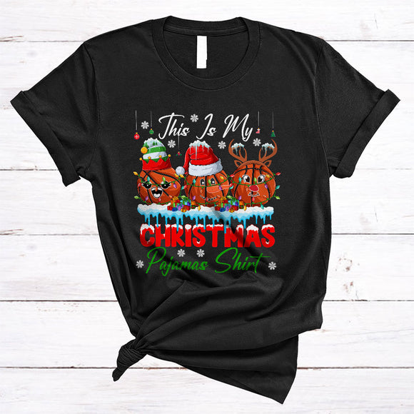 MacnyStore - This Is My Christmas Pajamas Shirt, Lovely X-mas Lights Three Santa Basketball Player, X-mas Sport Team T-Shirt