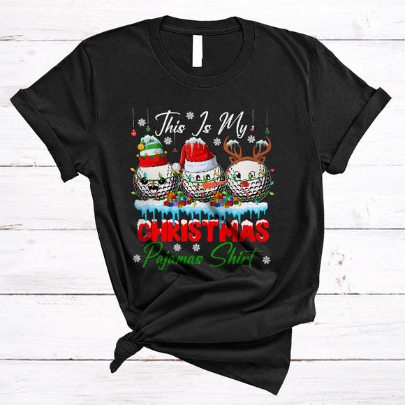 MacnyStore - This Is My Christmas Pajamas Shirt, Lovely X-mas Lights Three Santa Golf Player, X-mas Sport Team T-Shirt