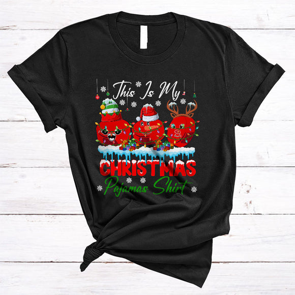 MacnyStore - This Is My Christmas Pajamas Shirt, Lovely X-mas Lights Three Santa Ice Hockey Player, X-mas Sport Team T-Shirt