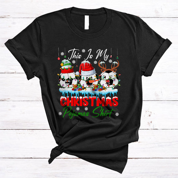 MacnyStore - This Is My Christmas Pajamas Shirt, Lovely X-mas Lights Three Santa Soccer Player, X-mas Sport Team T-Shirt