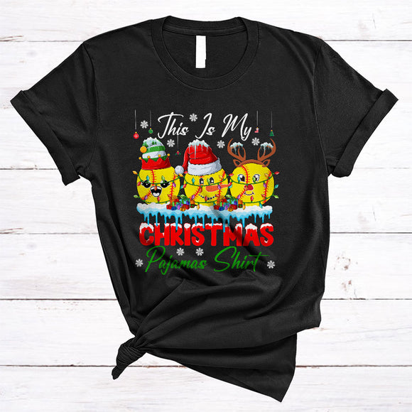 MacnyStore - This Is My Christmas Pajamas Shirt, Lovely X-mas Lights Three Santa Softball Player, X-mas Sport Team T-Shirt