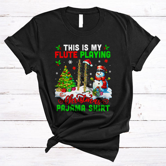 MacnyStore - This Is My Flute Playing Christmas Pajama Shirt, Joyful X-mas Tree Flute, Santa Snowman T-Shirt