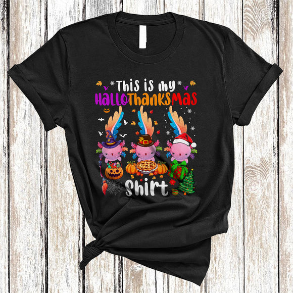 MacnyStore - This Is My HalloThanksMas Shirt, Lovely Three Axolotl, Halloween Thanksgiving Christmas T-Shirt