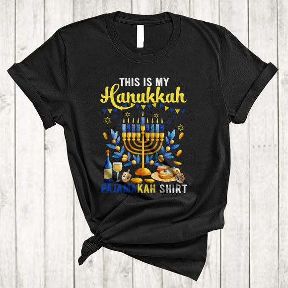 MacnyStore - This Is My Hanukkah Pajamakah Shirt, Joyful Chanukah Menorah Lights, Proud Jewish Family Dreidel T-Shirt