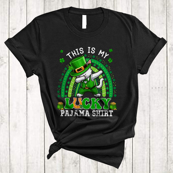 MacnyStore - This Is My Lucky Pajama Shirt, Lovely St. Patrick's Day Dabbing Cat Leprechaun, Rainbow Shamrock T-Shirt