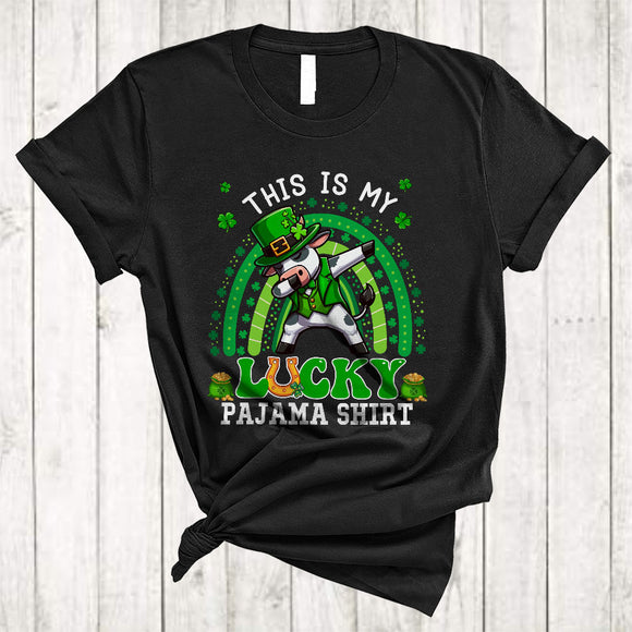 MacnyStore - This Is My Lucky Pajama Shirt, Lovely St. Patrick's Day Dabbing Cow Leprechaun, Rainbow Shamrock T-Shirt