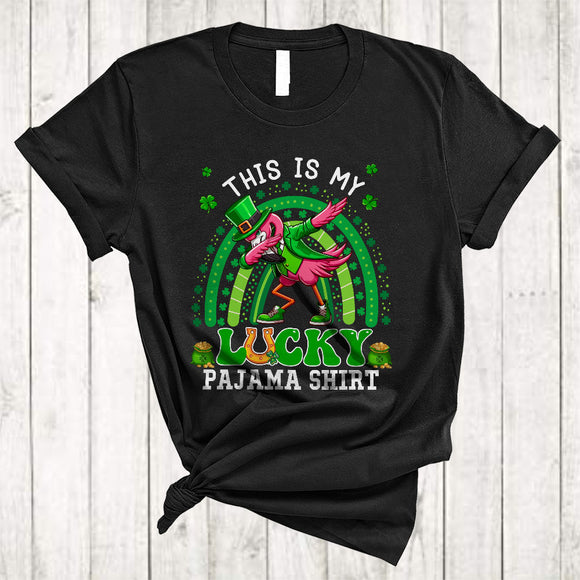 MacnyStore - This Is My Lucky Pajama Shirt, Lovely St. Patrick's Day Dabbing Flamingo Leprechaun, Rainbow Shamrock T-Shirt