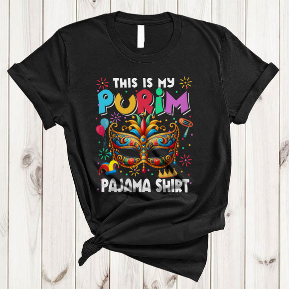 MacnyStore - This Is My Purim Pajama Shirt, Colorful Purim Mask Lover, Holiday Family Friends Group T-Shirt