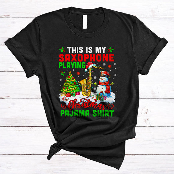 MacnyStore - This Is My Saxophone Playing Christmas Pajama Shirt, Joyful X-mas Tree Saxophone, Santa Snowman T-Shirt