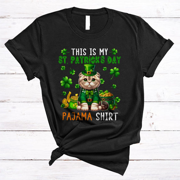 MacnyStore - This Is My St. Patrick's Day Pajama Shirt, Cute Scottish Fold Leprechaun, Pot Of Gold Shamrock T-Shirt