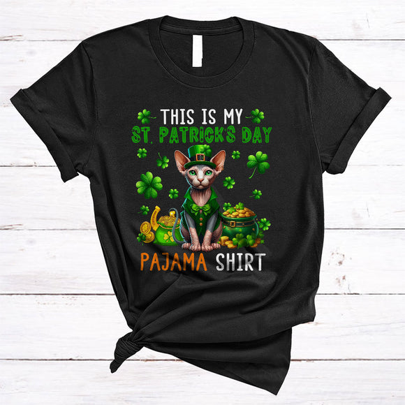 MacnyStore - This Is My St. Patrick's Day Pajama Shirt, Cute Sphynx Cat Leprechaun, Pot Of Gold Shamrock T-Shirt