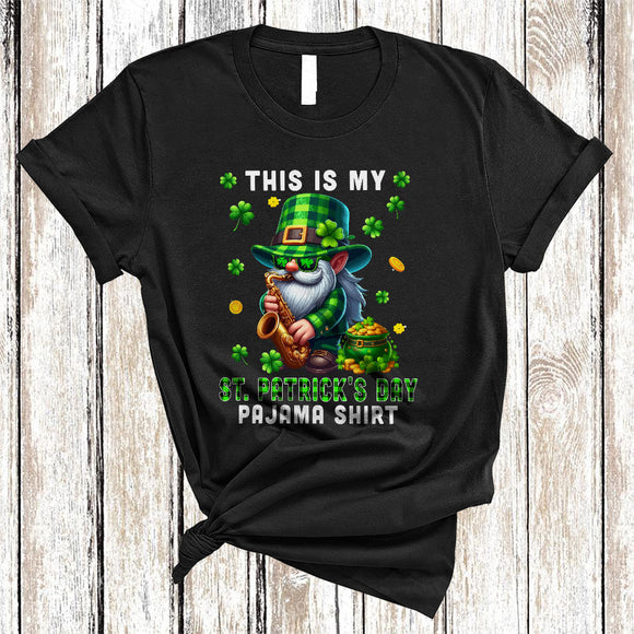 MacnyStore - This Is My St. Patrick's Day Pajama Shirt, Lovely Gnome Playing Saxophone, Plaid Gnomies T-Shirt