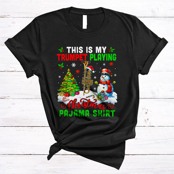 MacnyStore - This Is My Trumpet Playing Christmas Pajama Shirt, Joyful X-mas Tree Trumpet, Santa Snowman T-Shirt