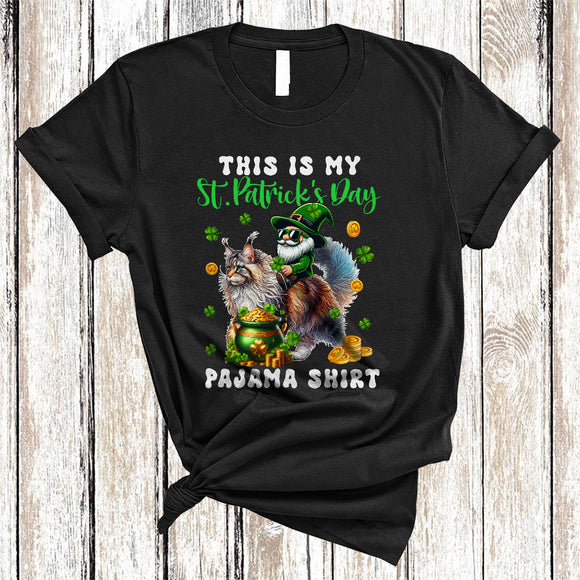 MacnyStore - This Is My St. Patrick's Day Pajama Shirt, Lovely Gnome Riding Cat, Gnomies Shamrocks T-Shirt