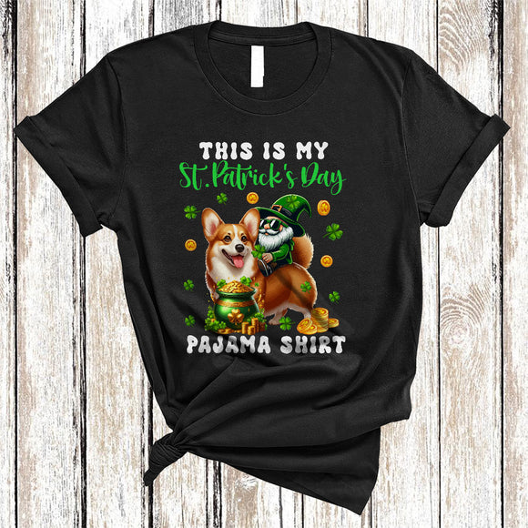 MacnyStore - This Is My St. Patrick's Day Pajama Shirt, Lovely Gnome Riding Corgi, Gnomies Shamrocks T-Shirt