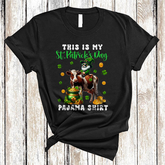 MacnyStore - This Is My St. Patrick's Day Pajama Shirt, Lovely Gnome Riding Cow, Gnomies Shamrocks T-Shirt