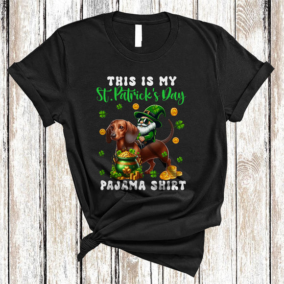 MacnyStore - This Is My St. Patrick's Day Pajama Shirt, Lovely Gnome Riding Dachshund, Gnomies Shamrocks T-Shirt