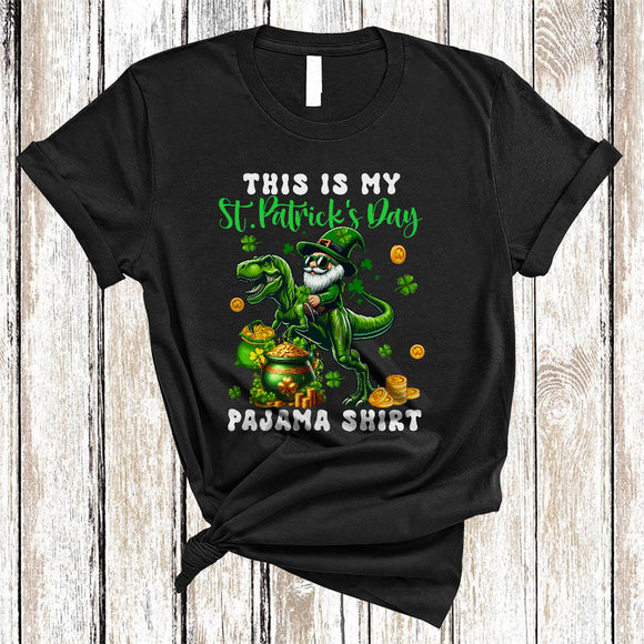MacnyStore - This Is My St. Patrick's Day Pajama Shirt, Lovely Gnome Riding T-Rex, Gnomies Shamrocks T-Shirt