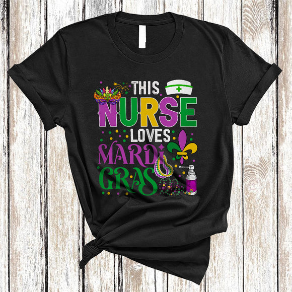 MacnyStore - This Nurse Loves Mardi Gras, Humorous Mardi Gras Mask Beads, Nurse Team Squad T-Shirt