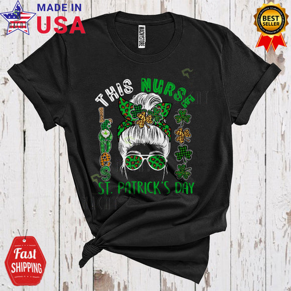 MacnyStore - This Nurse Loves St. Patrick's Day Cool Funny Leopard Plaid Shamrock Woman Face Bun Hair T-Shirt