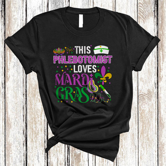 MacnyStore - This Phlebotomist Loves Mardi Gras, Humorous Mardi Gras Mask Beads, Phlebotomist Team Squad T-Shirt