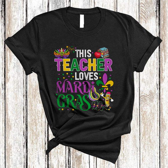 MacnyStore - This Teacher Loves Mardi Gras, Humorous Mardi Gras Mask Beads, Teacher Team Squad T-Shirt