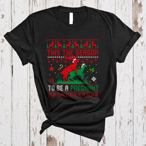 MacnyStore - This The Season To Be A Pregnant, Humorous Christmas Sweater Pregnancy, Couple Santa Reindeer T-Shirt