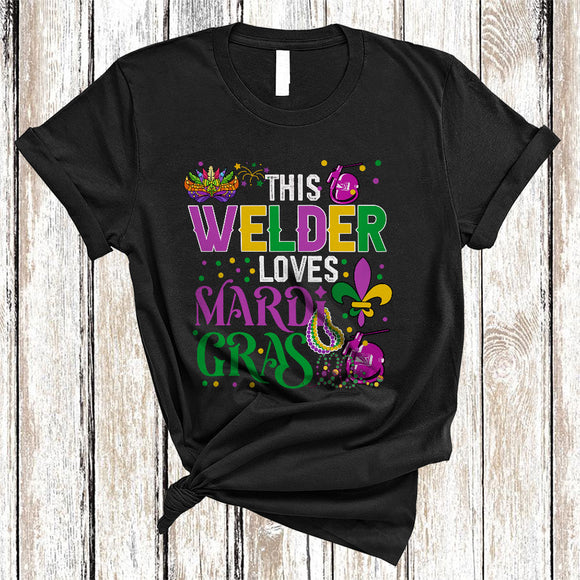 MacnyStore - This Welder Loves Mardi Gras, Humorous Mardi Gras Mask Beads, Welder Team Squad T-Shirt