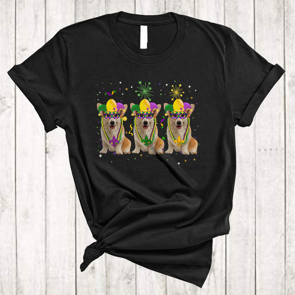 MacnyStore - Three Adorable Corgi Wearing Jester Hat Beads, Cool Mardi Gras Costume, Parades Group T-Shirt