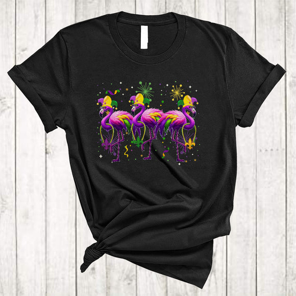 MacnyStore - Three Adorable Flamingo Wearing Jester Hat Beads, Cool Mardi Gras Costume, Parades Group T-Shirt