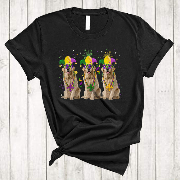 MacnyStore - Three Adorable Golden Retriever Wearing Jester Hat Beads, Cool Mardi Gras Costume, Parades Group T-Shirt