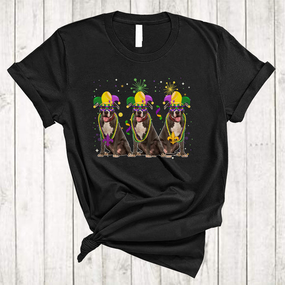 MacnyStore - Three Adorable Pit Bull Wearing Jester Hat Beads, Cool Mardi Gras Costume, Parades Group T-Shirt