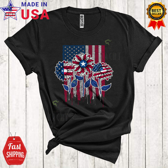 MacnyStore - Three American Flag Sunflowers Cute Happy 4th Of July Patriotic Sunflower Flowers T-Shirt