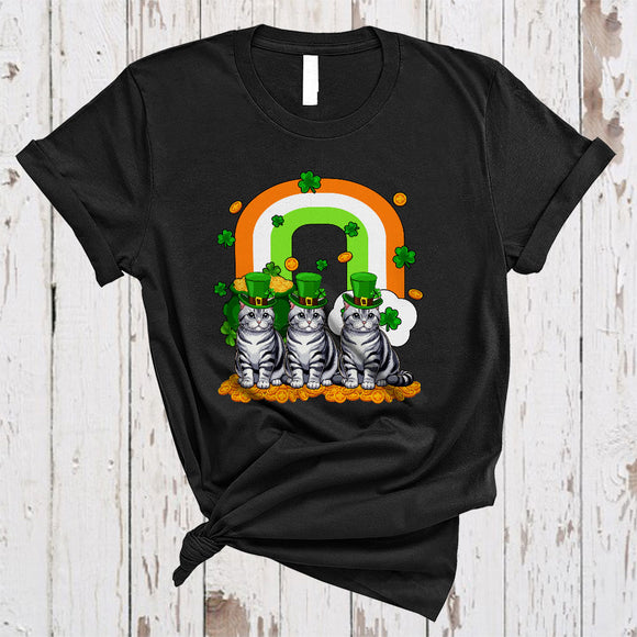 MacnyStore - Three American Shorthair Cat With Rainbow, Awesome St. Patrick's Day Shamrock Lucky, Irish Family Group T-Shirt