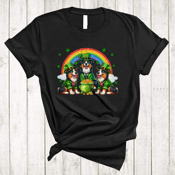 MacnyStore - Three Border Collie With Rainbow, Adorable St. Patrick's Day Border Collie, Lucky Shamrock T-Shirt