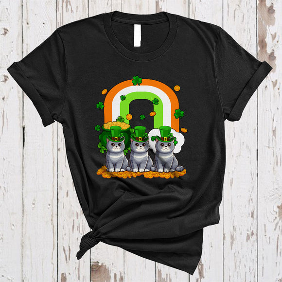 MacnyStore - Three British Shorthair Cat With Rainbow, Awesome St. Patrick's Day Shamrock Lucky, Irish Family Group T-Shirt