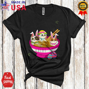 MacnyStore - Three Bunny Cats In Ramen Bowl Cute Funny Easter Day Japanese Food Ramen Bunny Cat Lover T-Shirt