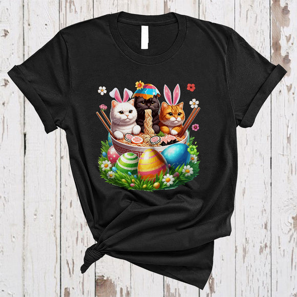 MacnyStore - Three Bunny Cats In Ramen Bowl, Awesome Easter Day Japanese Food Ramen Lover, Flowers T-Shirt