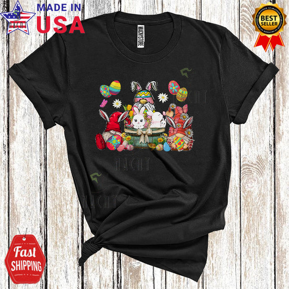 MacnyStore - Three Bunny Gnomes With Easter Eggs Cute Funny Easter Day Egg Hunt Flowers Bunny Gnomes Squad T-Shirt
