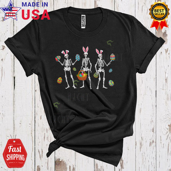 MacnyStore - Three Bunny Skeletons Cool Funny Easter Day Skeleton With Rabbit Ears Egg Hunt Family Group T-Shirt