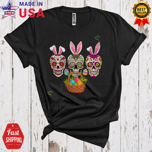 MacnyStore - Three Bunny Sugar Skull Cool Funny Easter Day Sugar Skull With Rabbit Ears Easter Egg Basket T-Shirt