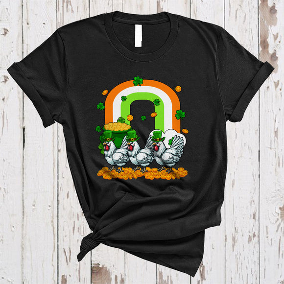 MacnyStore - Three Chicken With Rainbow, Awesome St. Patrick's Day Rainbow Shamrock, Irish Farmer Group T-Shirt