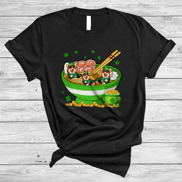 MacnyStore - Three Corgi In Ramen Bowl, Awesome St. Patrick's Day Corgi Shamrock, Japanese Food Lover T-Shirt