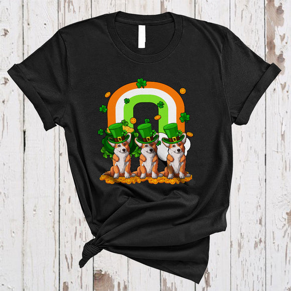 MacnyStore - Three Corgi With Rainbow, Awesome St. Patrick's Day Shamrock Lucky, Irish Family Group T-Shirt